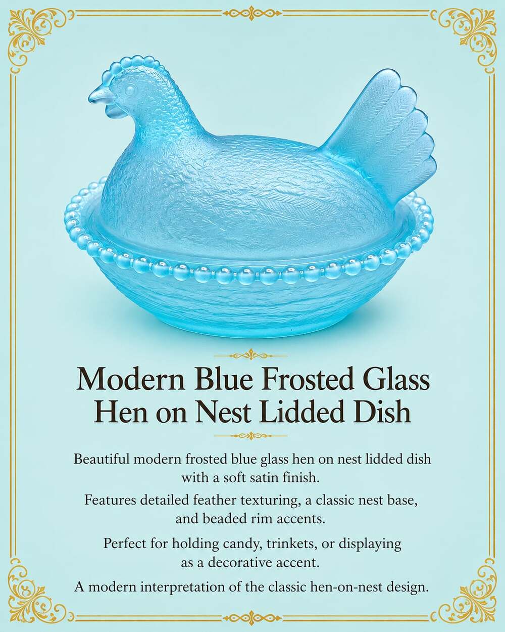 Vintage Style Blue Frosted Satin Glass Hen on Nest Lidded Candy Dish